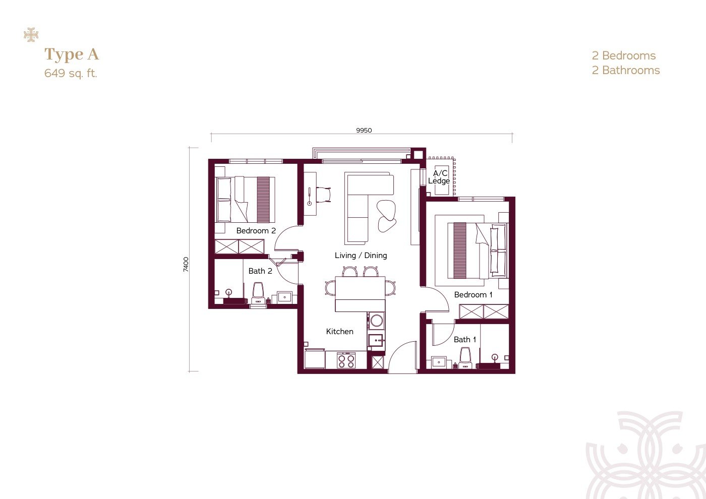 Binastra Cochrane Type A floor plan — 649 sq. ft., 2 Bedrooms, 2 Bathrooms