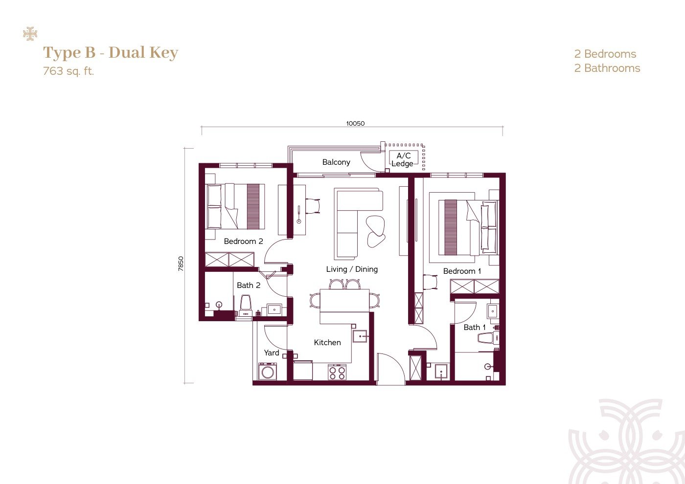 Binastra Cochrane Type B Dual-Key floor plan — 763 sq. ft., 2 Bedrooms, 2 Bathrooms