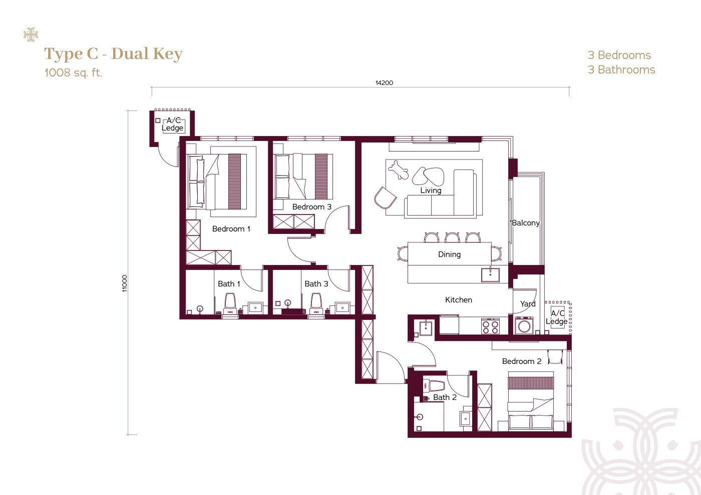 Binastra Cochrane Type C Dual-Key floor plan — 1,008 sq. ft., 3 Bedrooms, 3 Bathrooms