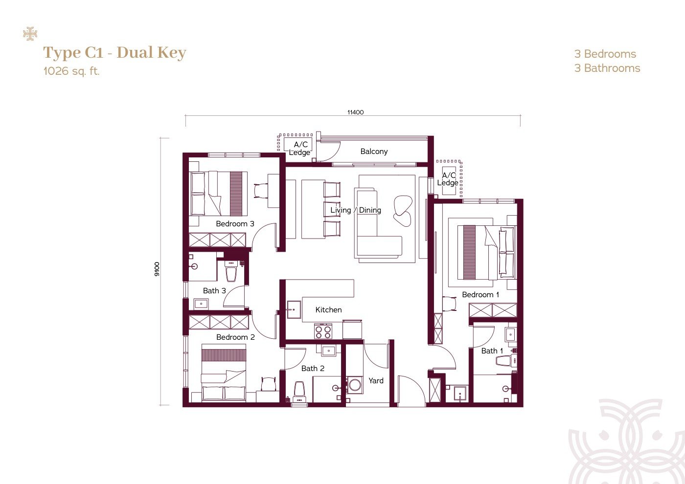Binastra Cochrane Type C1 Dual-Key floor plan — 1,026 sq. ft., 3 Bedrooms, 3 Bathrooms