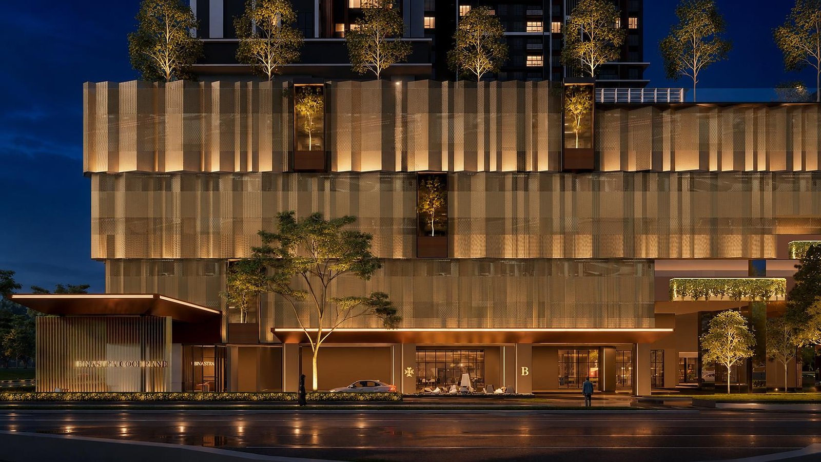 Binastra Cochrane podium entrance and pool deck illuminated at night